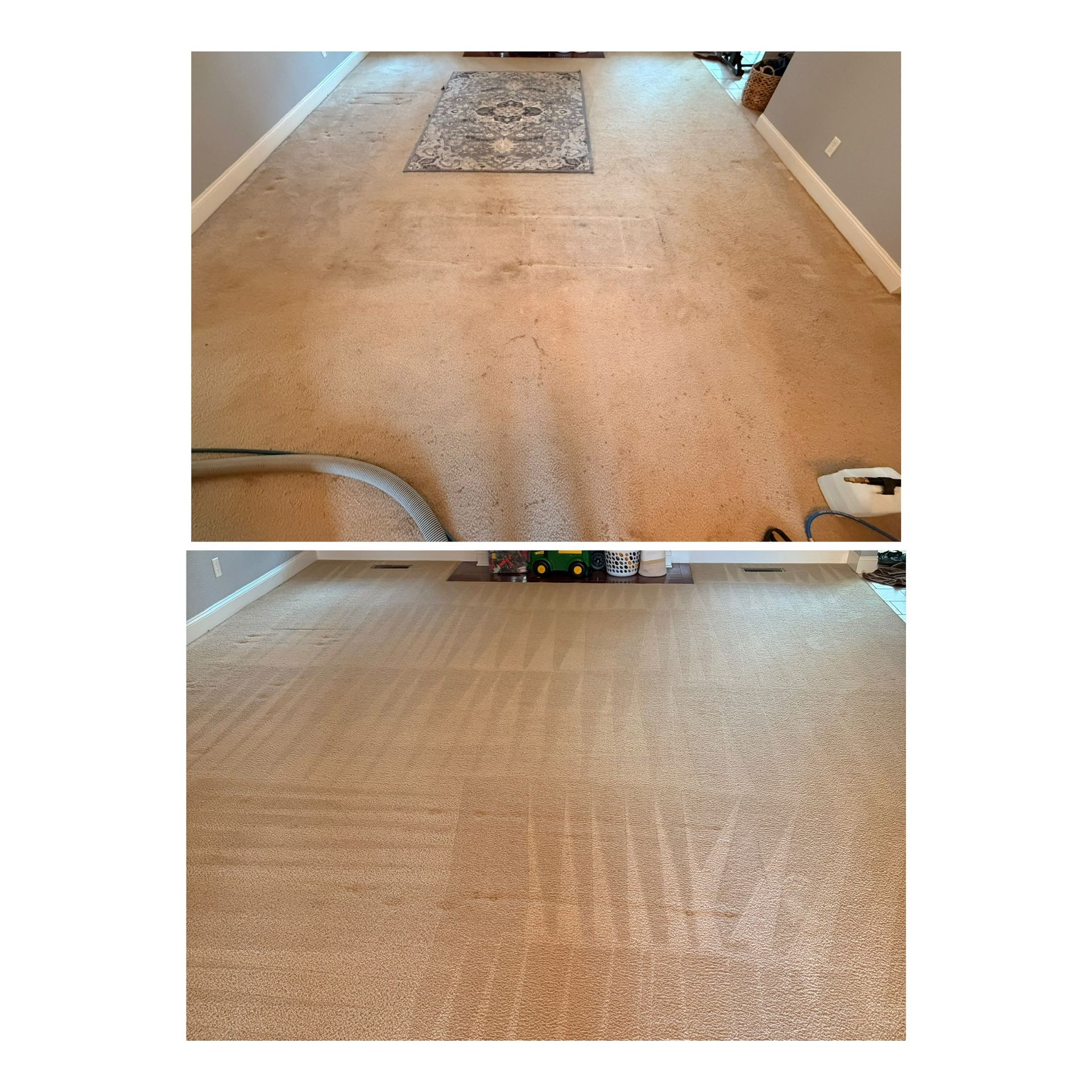 Before-and-after carpet cleaning: stained beige carpet above, cleaner carpet below