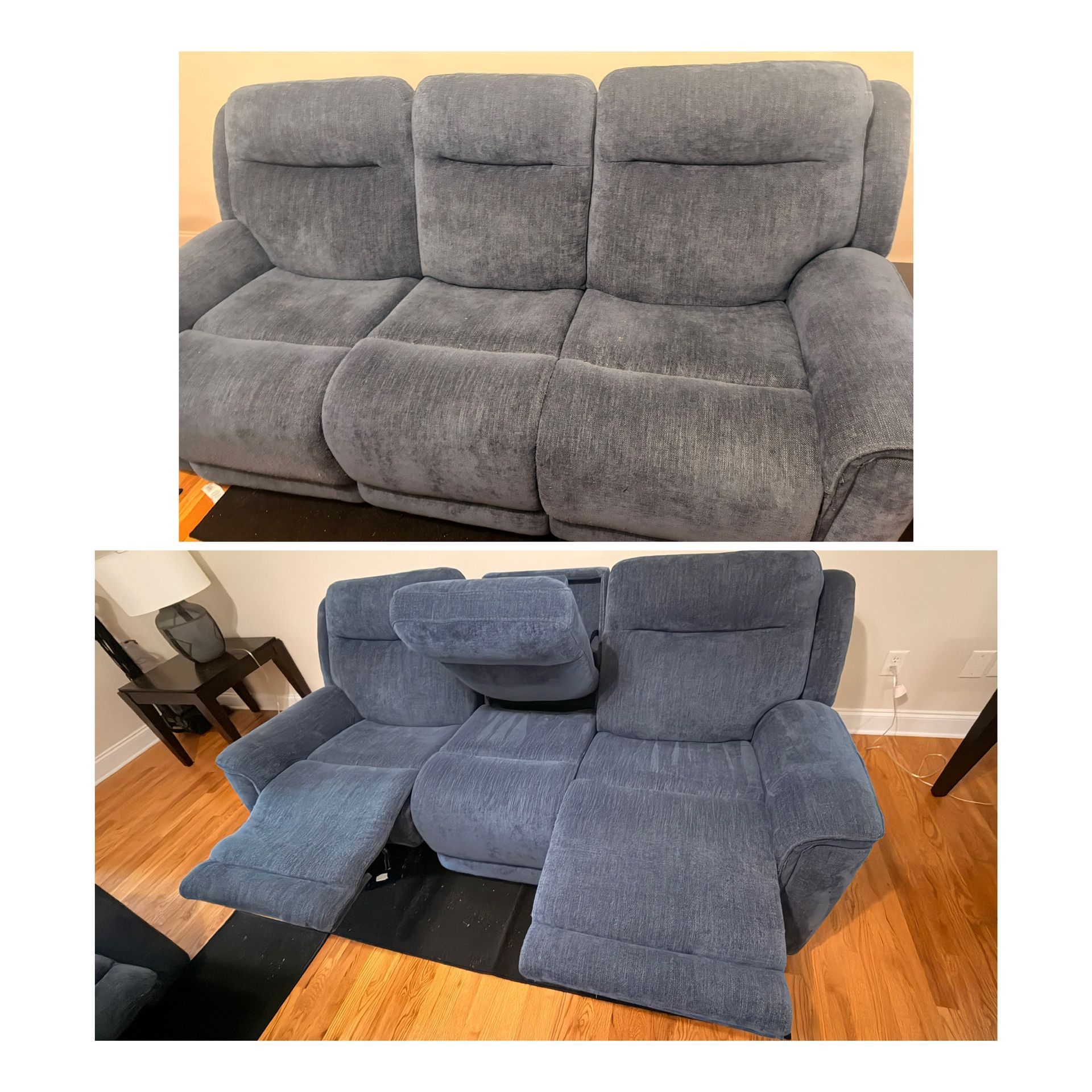 Gray reclining sofa shown closed on top and open with footrests on bottom.