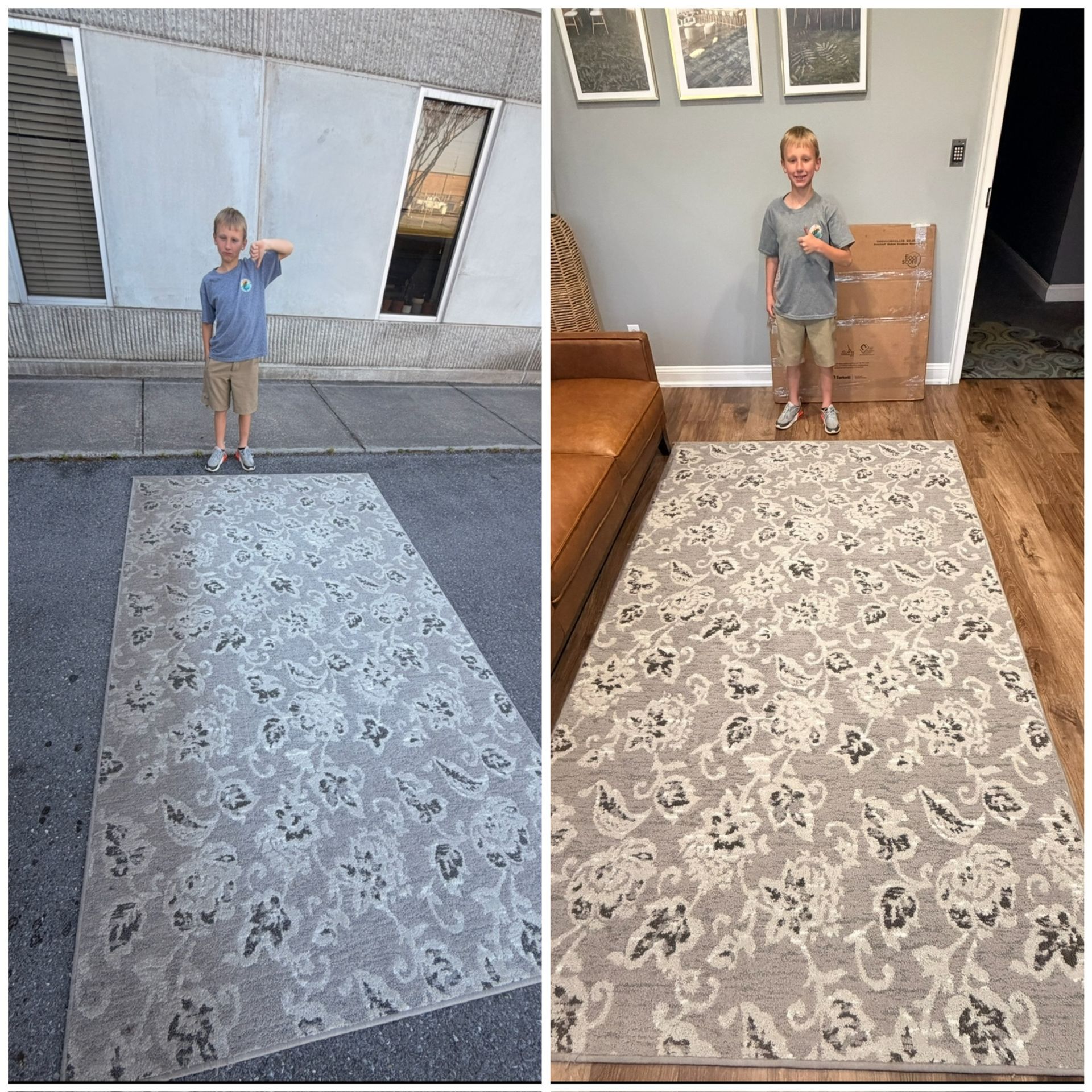 Side-by-side view of a boy standing on a light rug, outdoors left and indoors right.