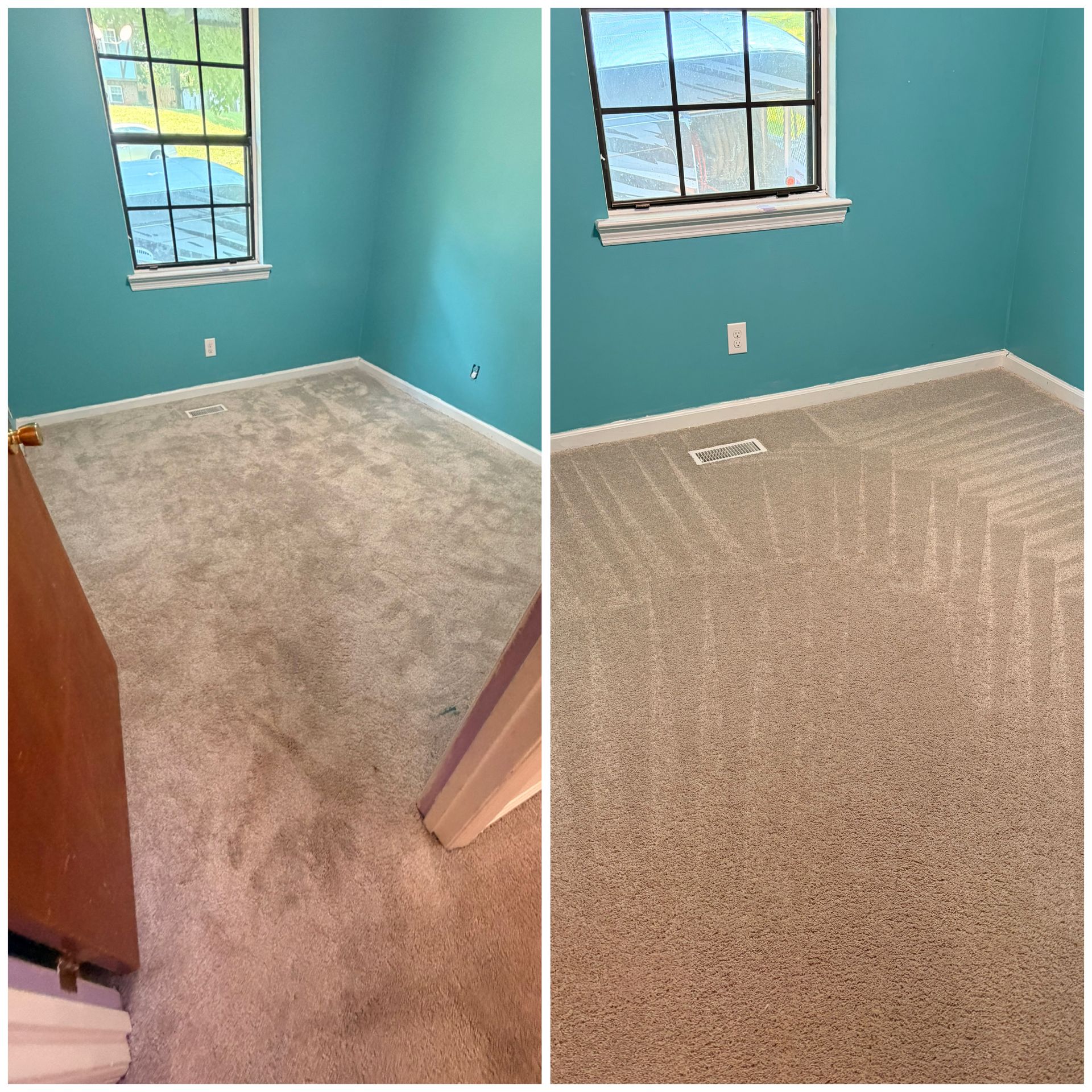 Empty turquoise room with window, showing carpet before and after cleaning side by side