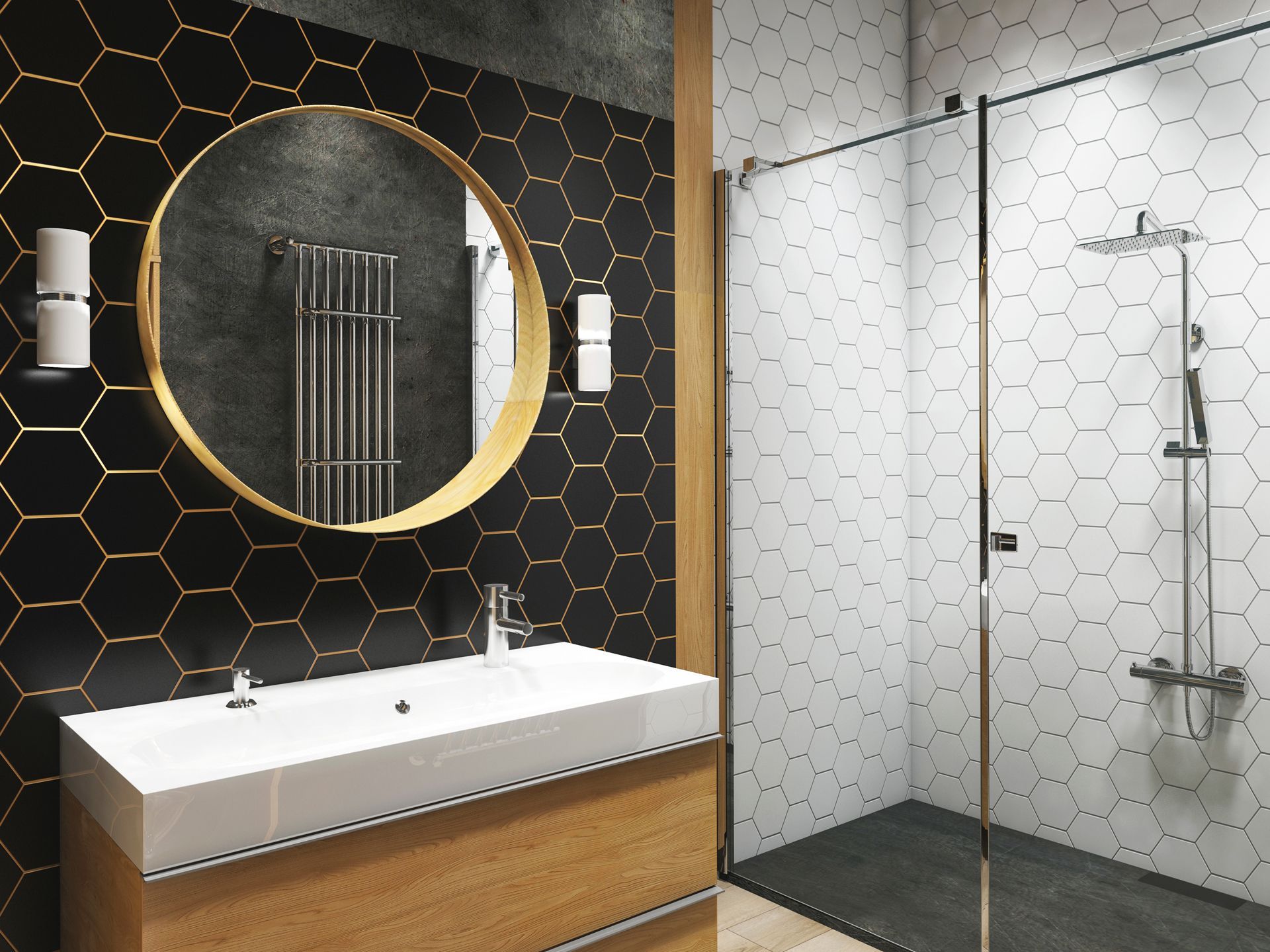 Modern bathroom with gold accents, black hexagon tile wall, and glass shower