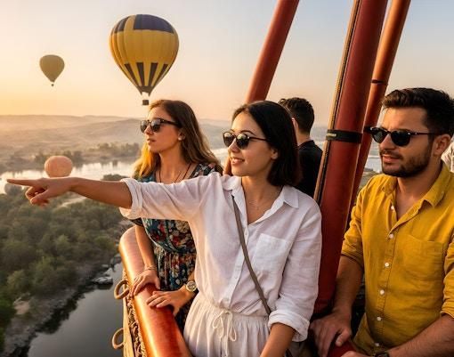 Passengers enjoying a hot air balloon flight over Luxor