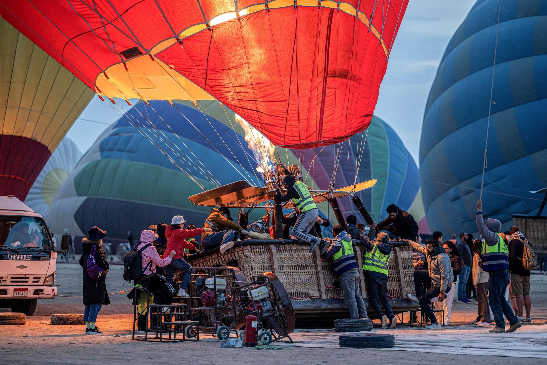 Hot air balloon preparing for sunrise flight in Luxor