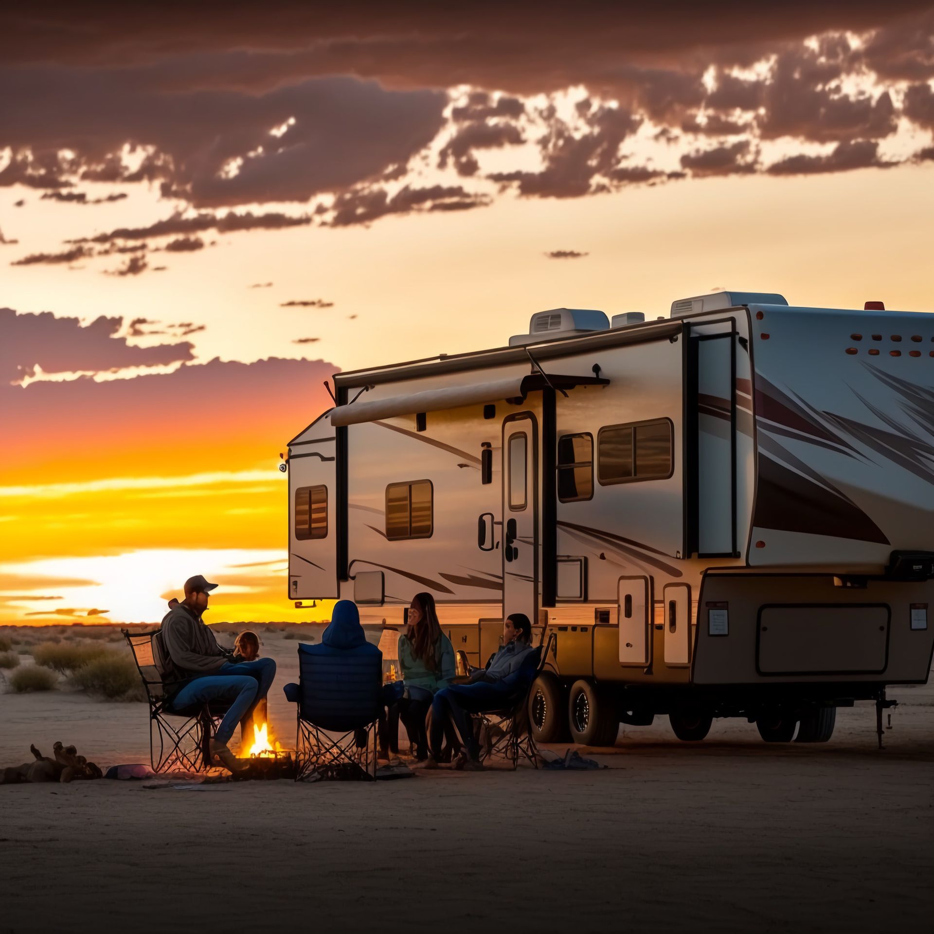 Campingfahrzeug vor einem Sonnenuntergang