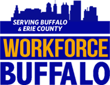 Workforce Buffalo logo with blue skyline and yellow-and-white text, serving Buffalo and Erie County