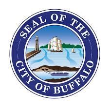 Seal of the City of Buffalo with a ship, lighthouse, and waterfront scene