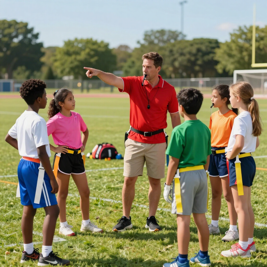 Coach in red shirt points while speaking to a group of youth soccer players on a field.