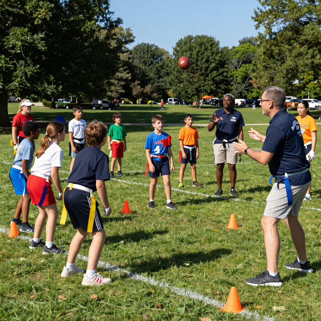 People playing a ball game on a grassy field with orange cones and a coach instructing them