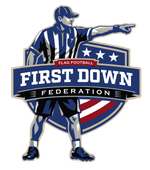 First Down Federation flag football logo with a referee pointing, blue shield and stars