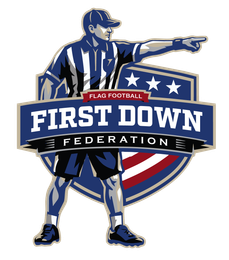 First Down Federation flag football logo with a referee pointing, blue shield and stars