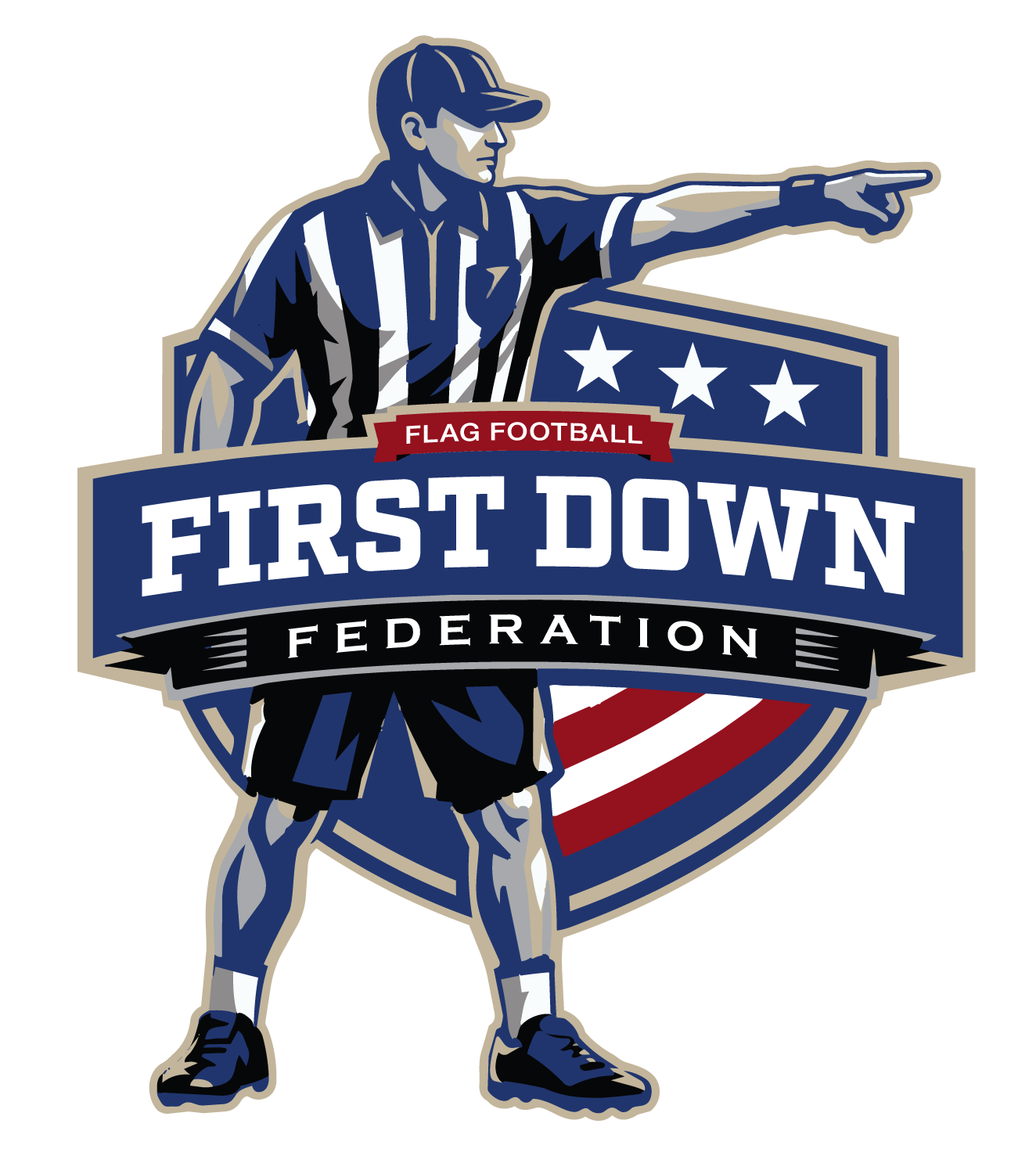First Down Federation flag football logo with a referee pointing, blue shield and stars