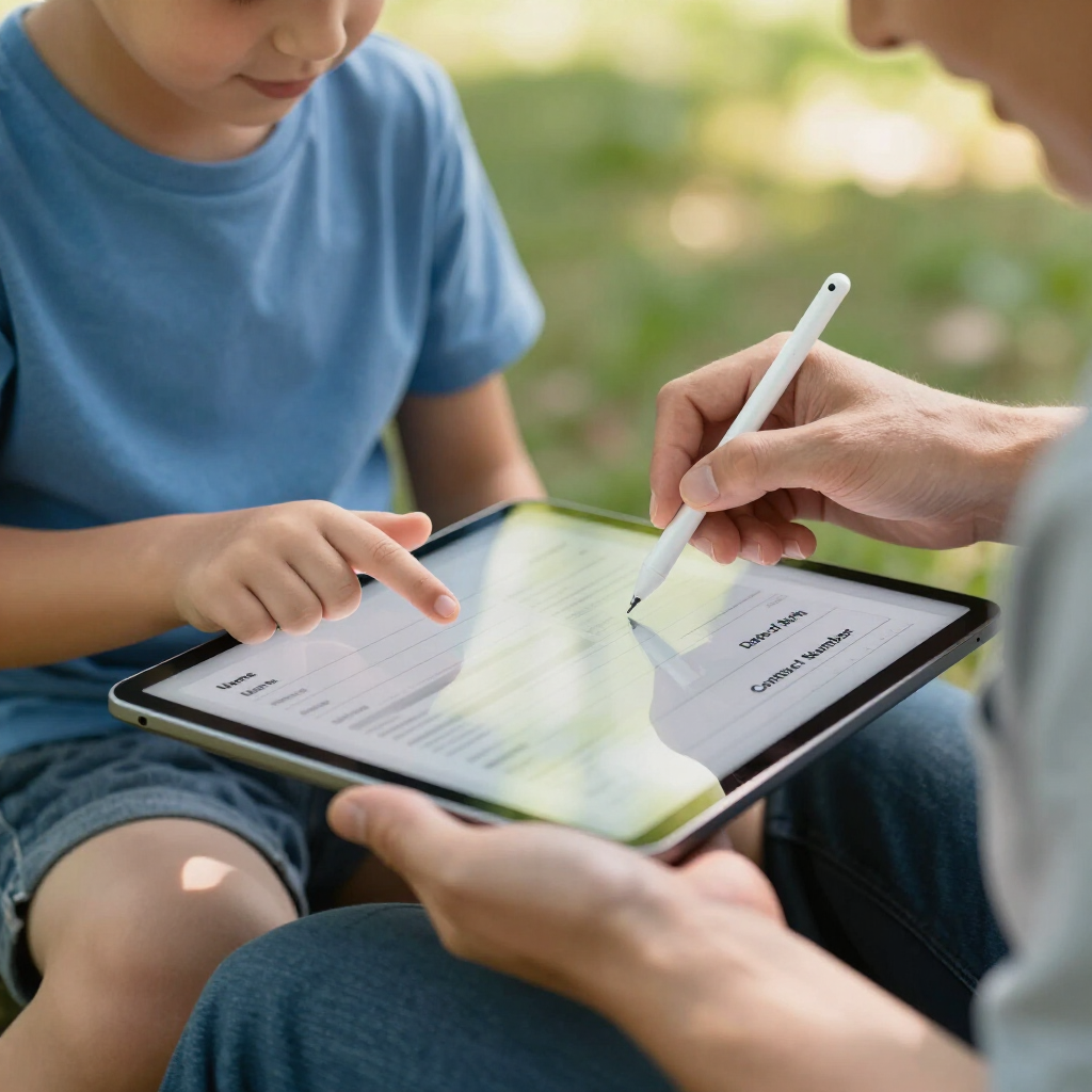 Adult and child using a tablet outdoors, pointing at a form being filled out with a stylus