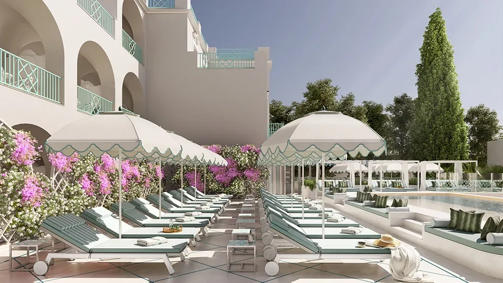 A rendering of the seating area on the hotel’s brand-new pool deck.