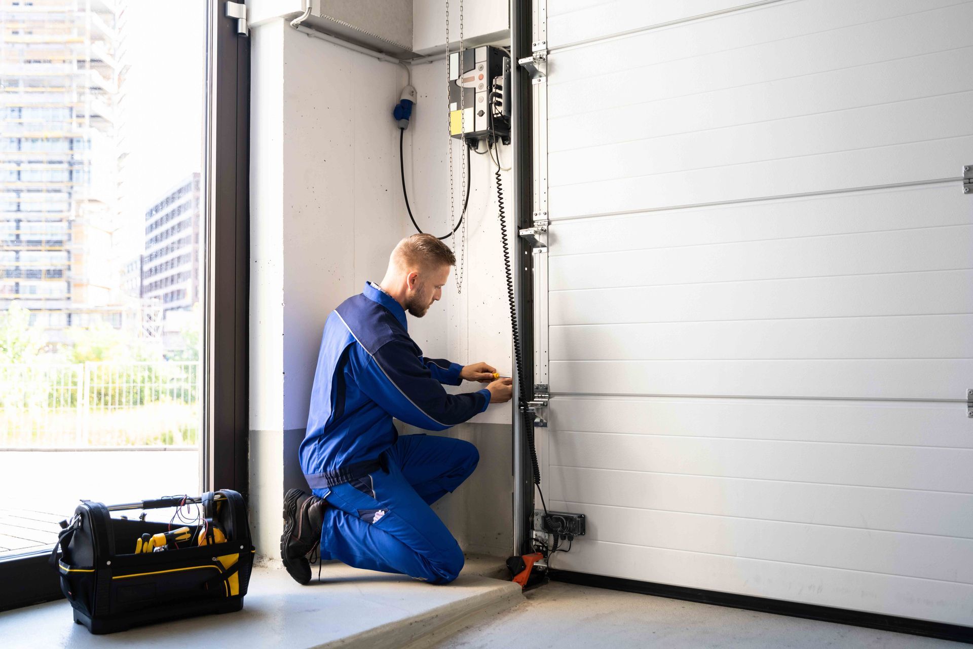 Garage door technician kneeling to repair an automatic door opener.