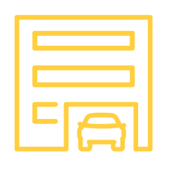 Yellow outline of a multi-story parking garage with a car parked inside the entrance.