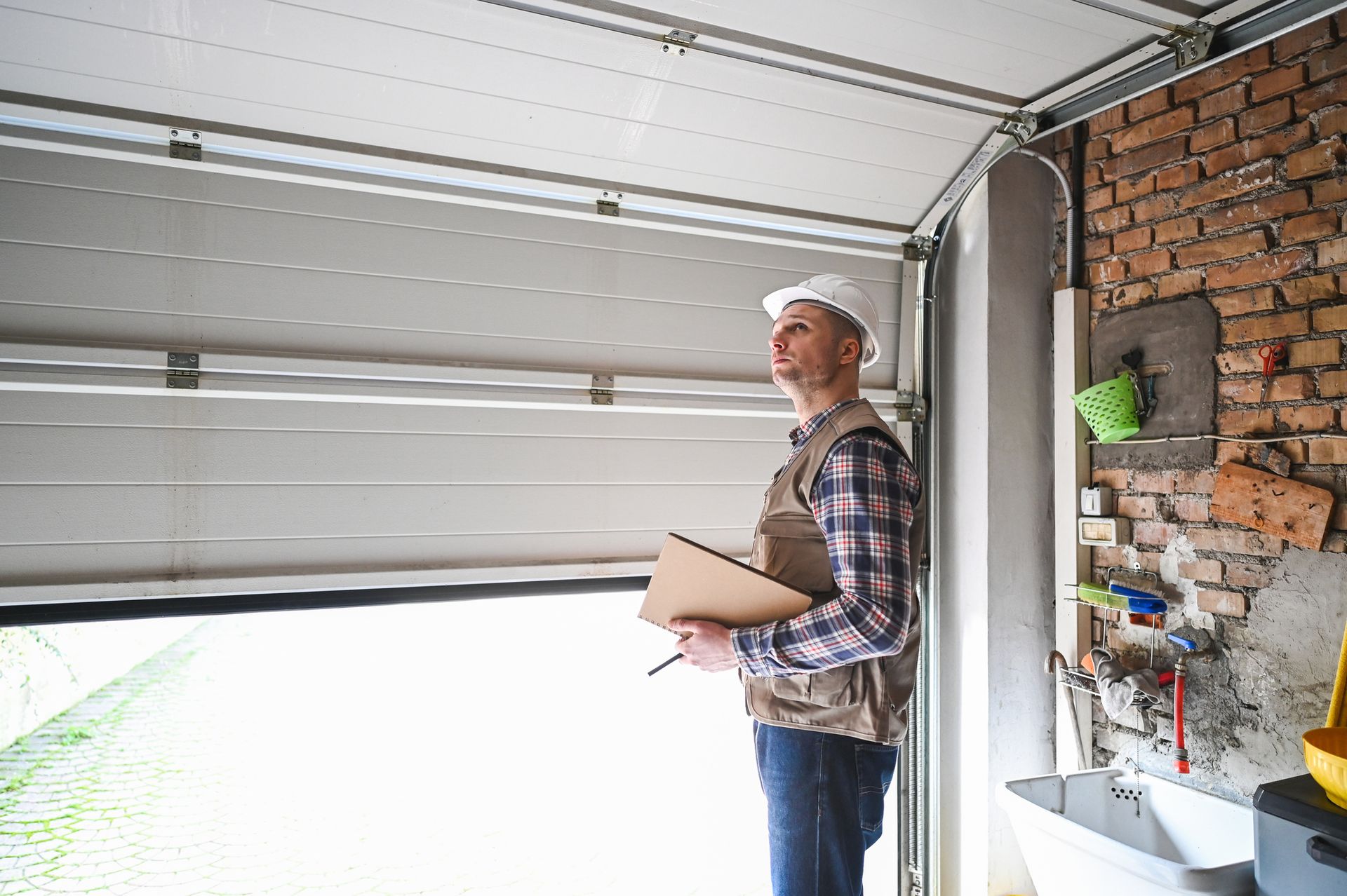 Repair technician inspecting garage door inside residential garage workspace.