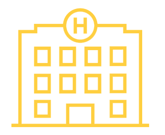 Yellow outline of a hospital building with the letter 