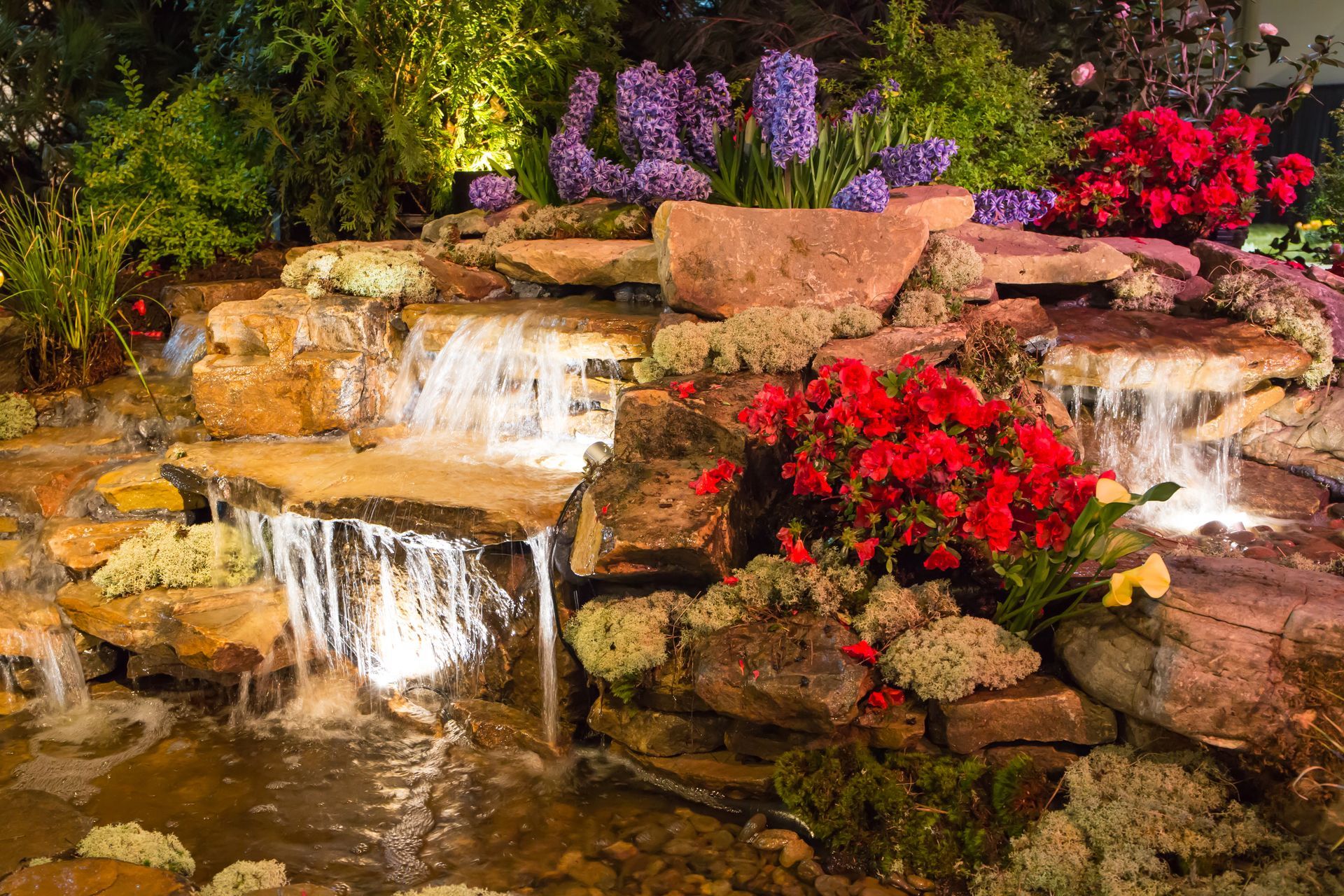 Rock garden waterfall with flowing water and bright red and purple flowers Rock garden waterfall with flowing water and bright red and purple flowers