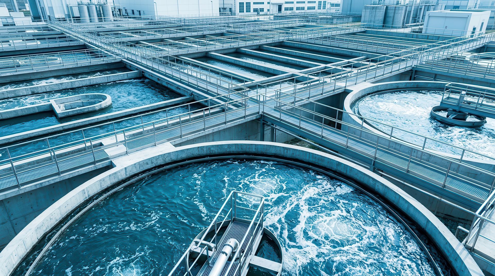Gloved hands repairing a bathroom sink drain under a white basin Water Purification Services at a treatment facility with large circular tanks of churning water.