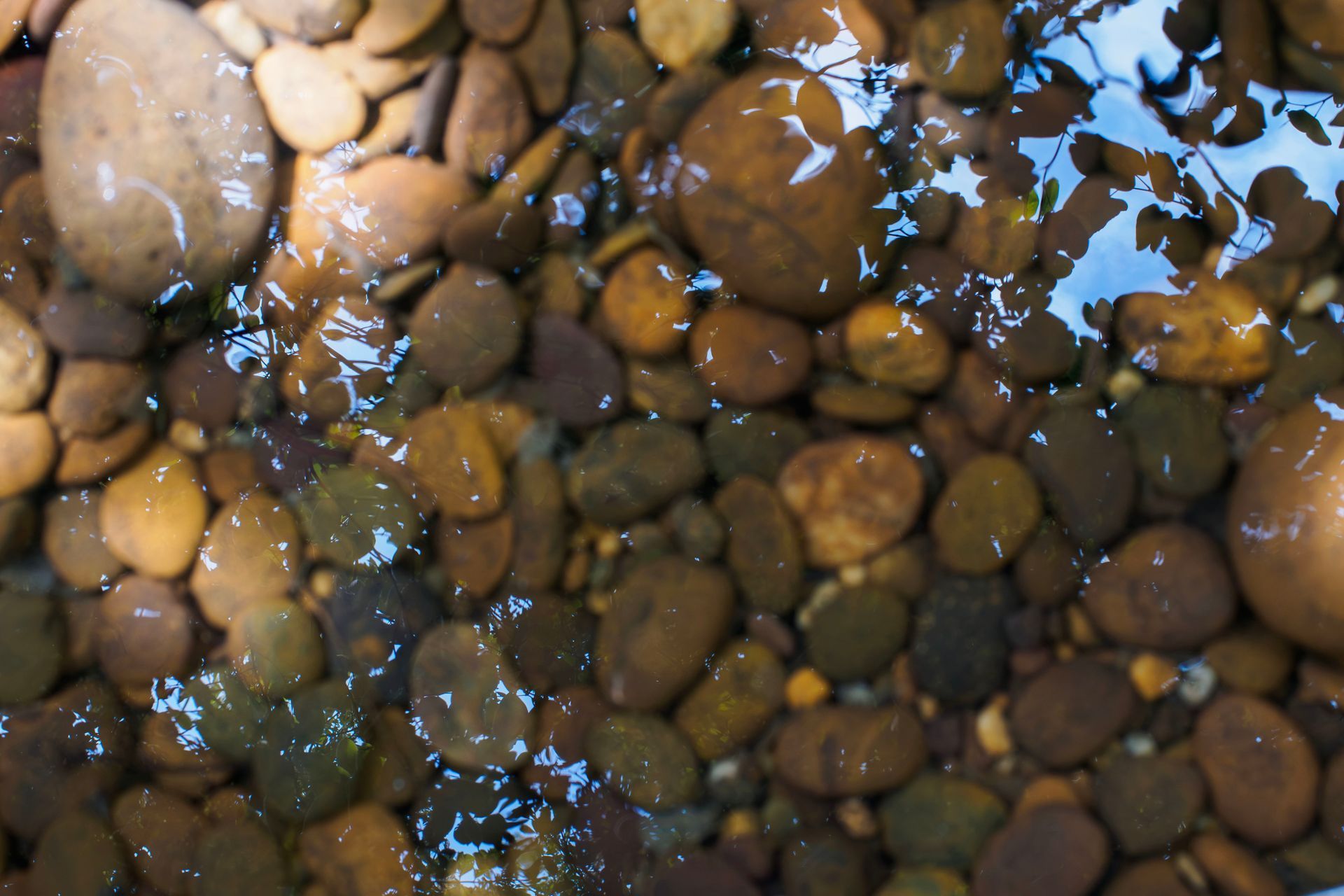 Pebbles underwater with sunlight reflecting off rippling water Pebbles underwater with sunlight reflecting off rippling water
