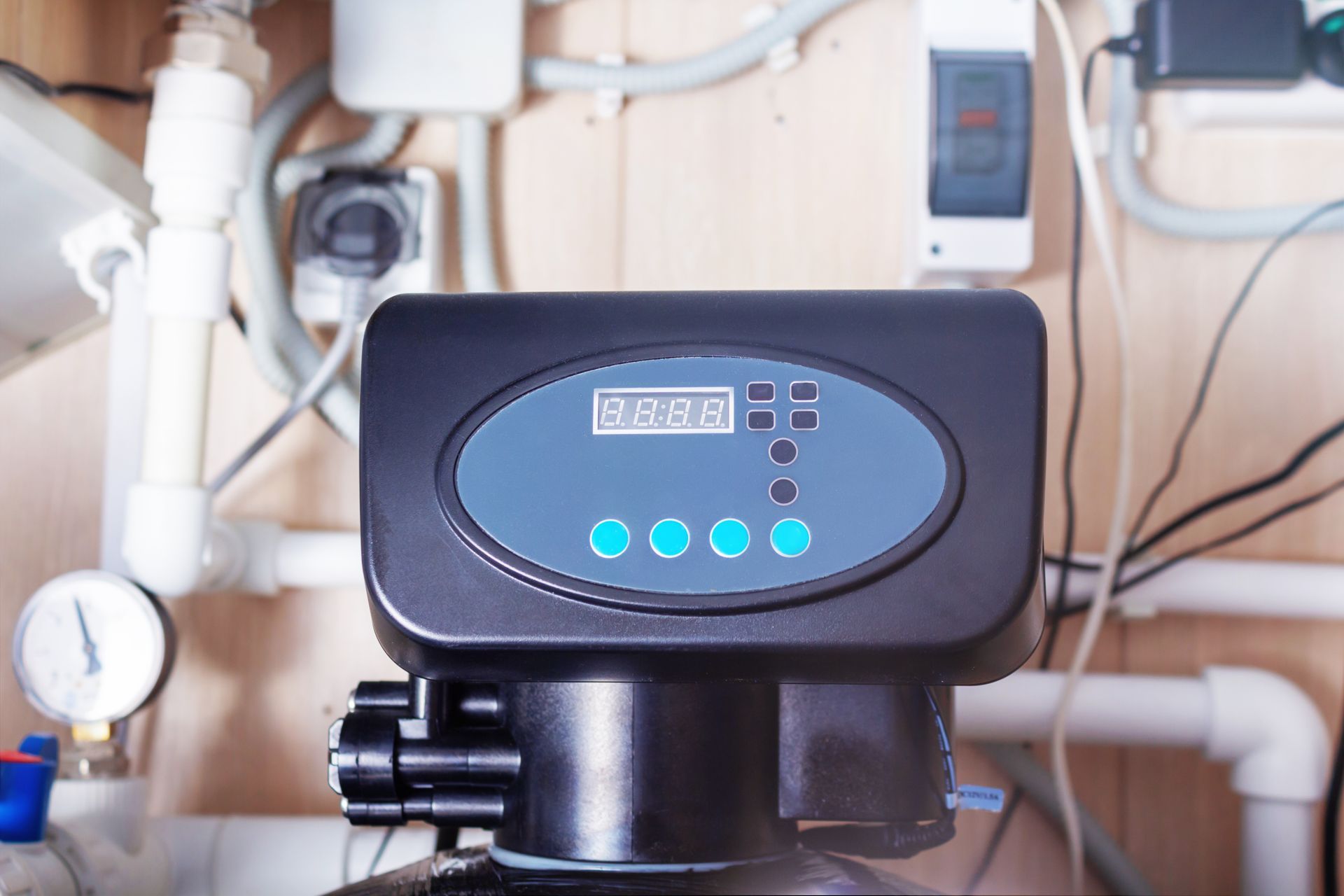 Black digital water filter control unit with blue display and buttons in a utility room with pipes and valves Black digital water filter control unit with blue display and buttons in a utility room with pipes and valves