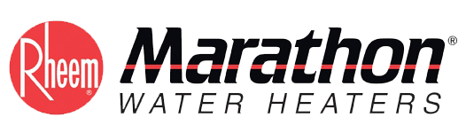 Rheem Marathon Water Heaters logo with red Rheem emblem and black Marathon text