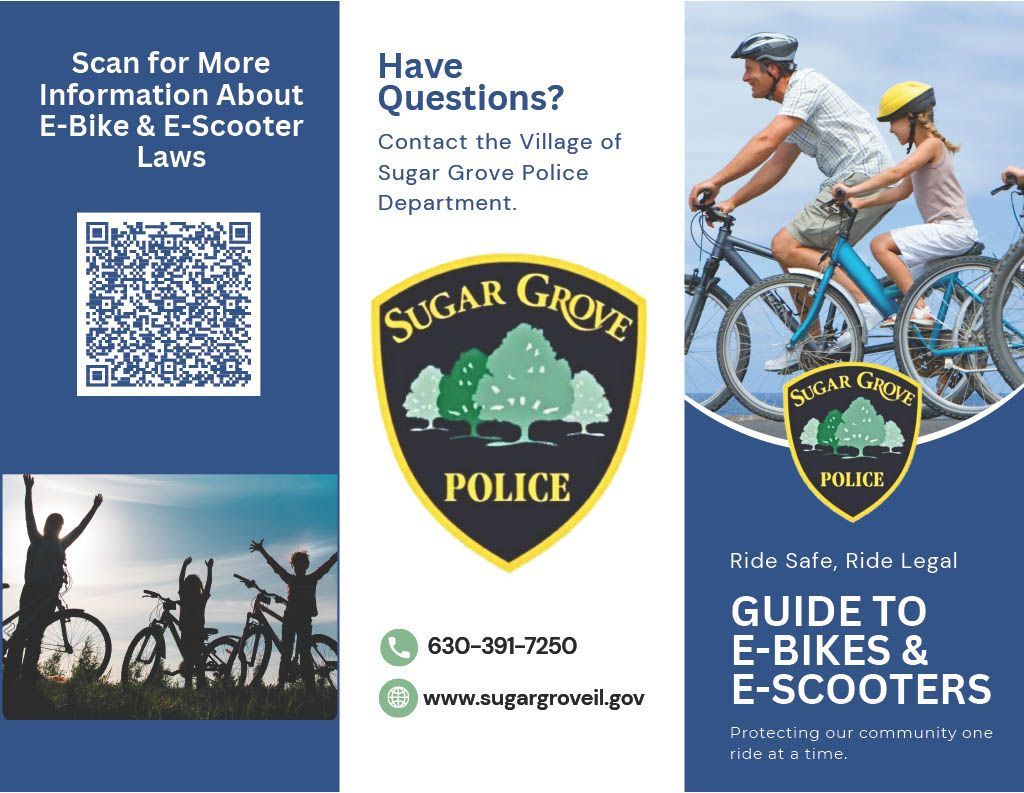 A brochure from the Sugar Grove Police Department about e-bike and e-scooter safety and laws, featuring a QR code.