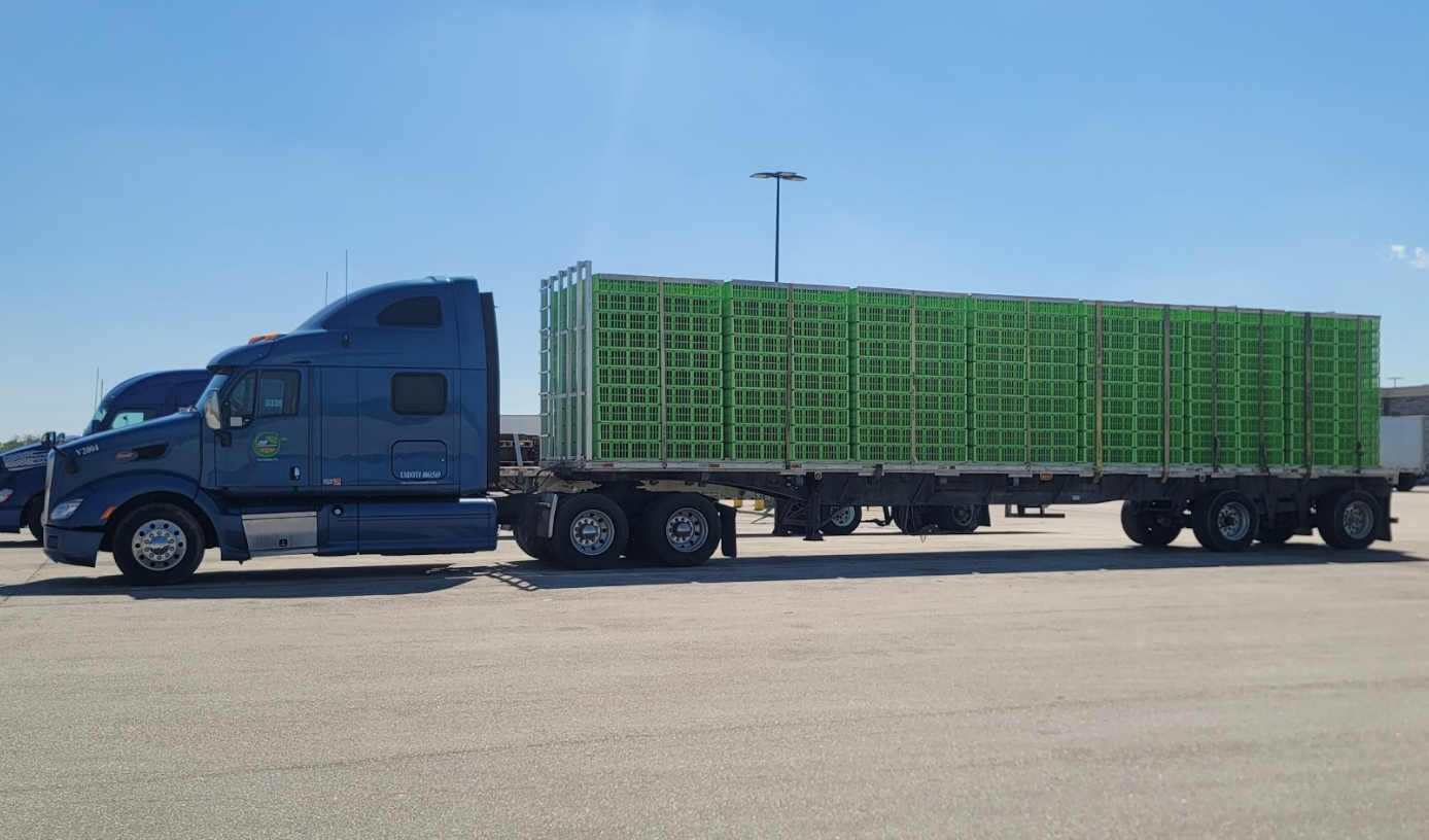 A blue semi truck with a green trailer is parked in a parking lot.