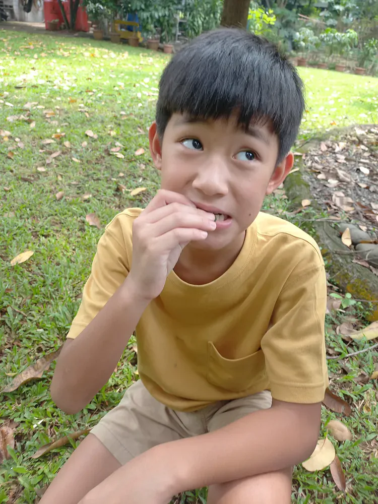Young boy in a yellow shirt sitting on grass, biting his fingernail.