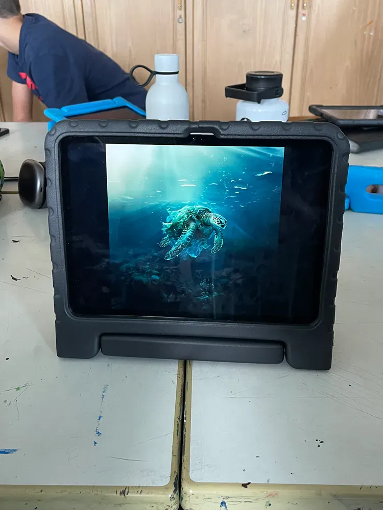 A tablet with a picture of a sea turtle on the screen