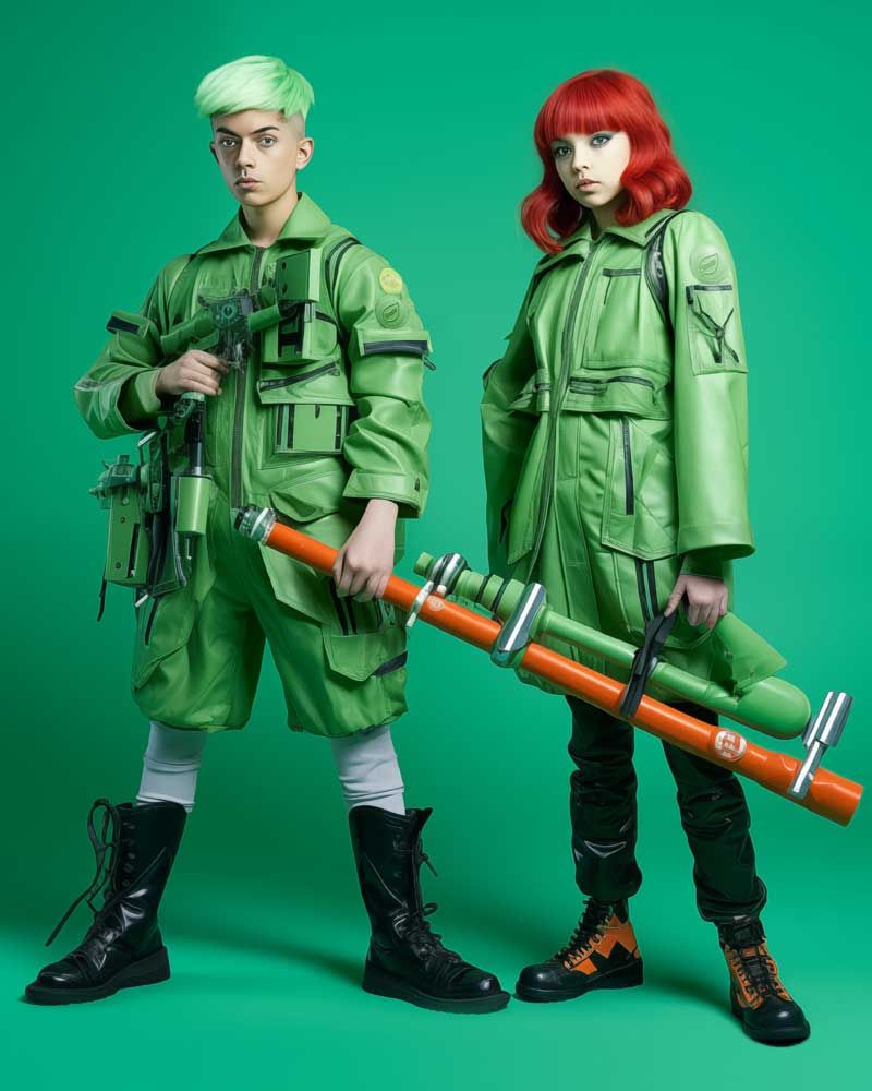 Two children dressed in green jumpsuits, holding large mechanical blasters 