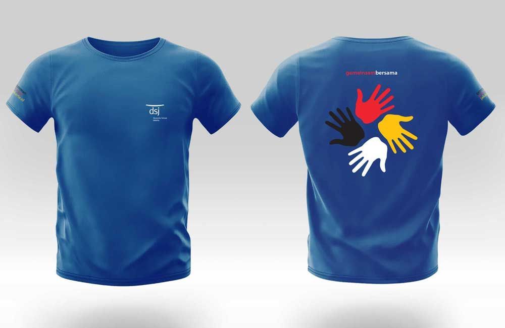 A blue t-shirt with a circle of hands on the back