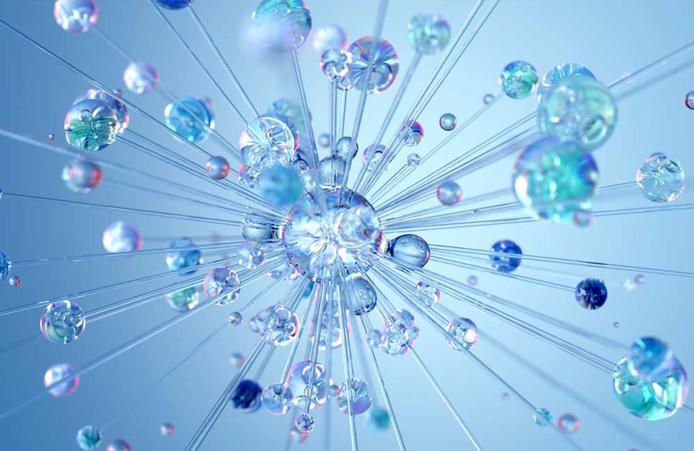 A bunch of bubbles are floating in the air on a blue background.