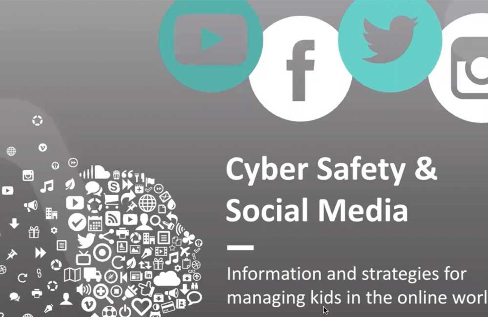 A poster that says cyber safety and social media information and strategies for managing kids in the online world