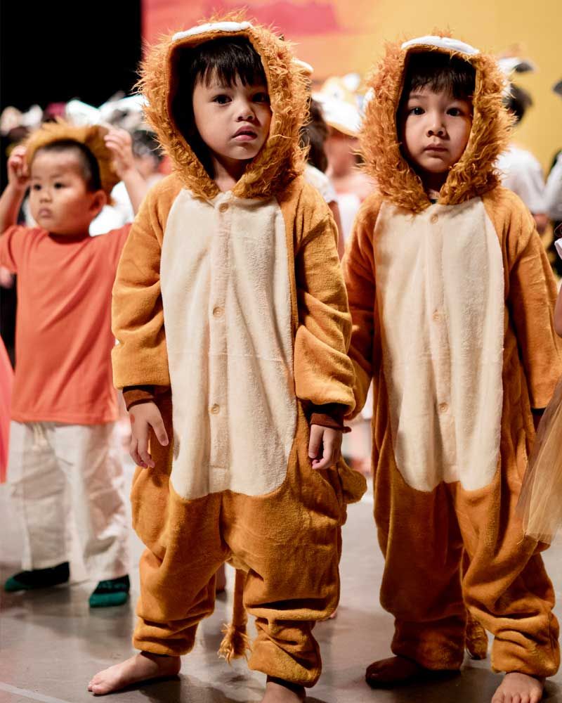 Two young boys in lion costumes are standing next to each other