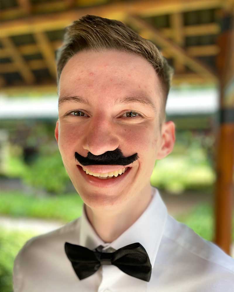 A young man wearing a fake mustache and a bow tie is smiling.