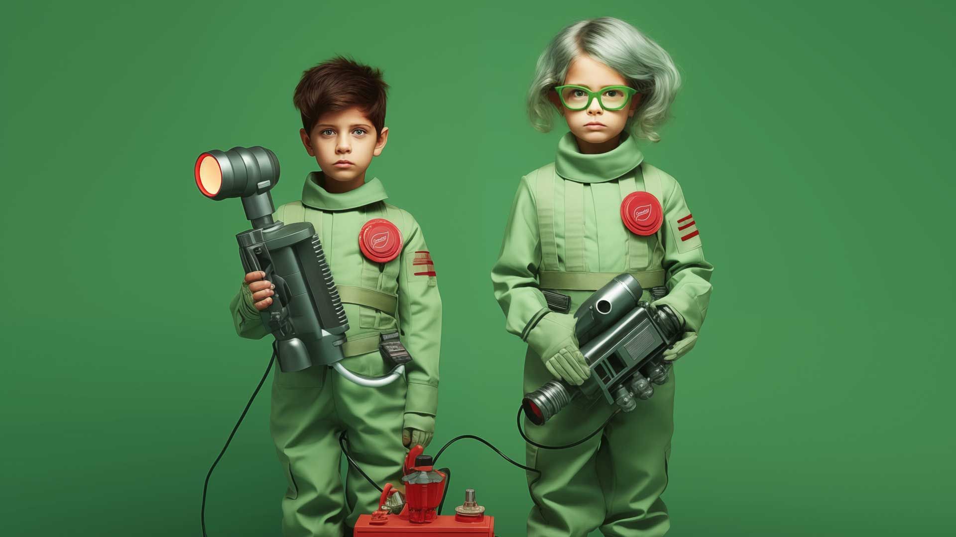 Two young students costumed as Greenbusters
