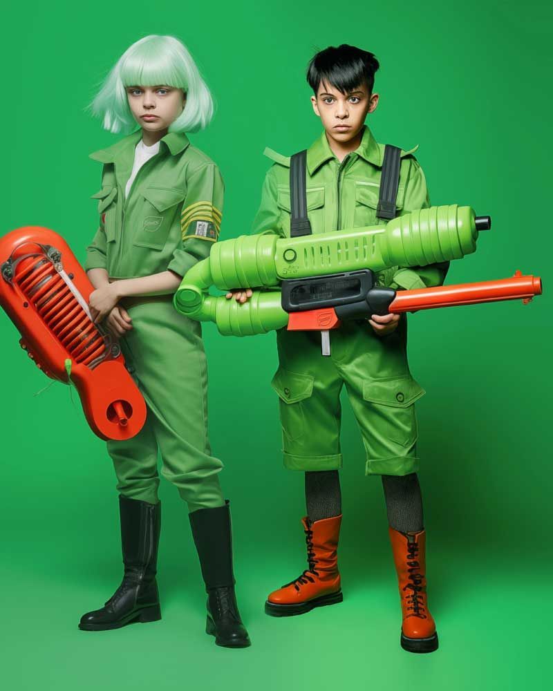 Two children dressed in green jumpsuits, holding large blasters 