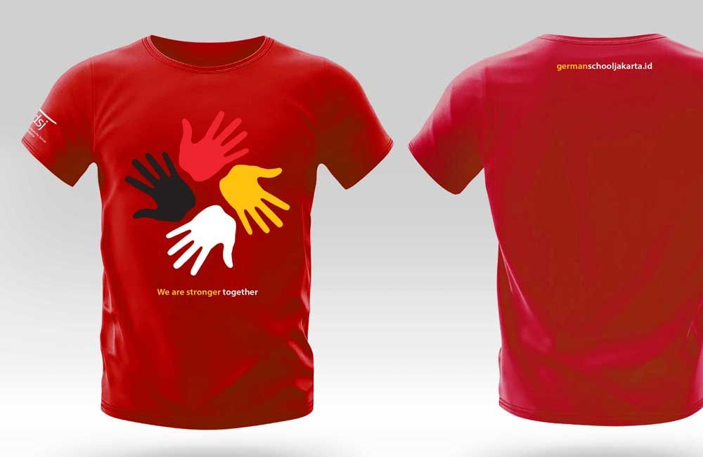 A red t-shirt with a picture of hands on it