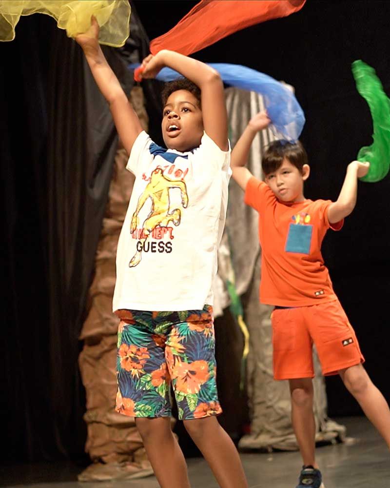 A boy wearing a guess shirt is dancing on a stage