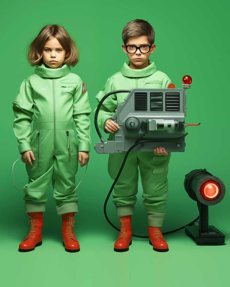 A boy and a girl in green space suits are standing next to each other on a green background.