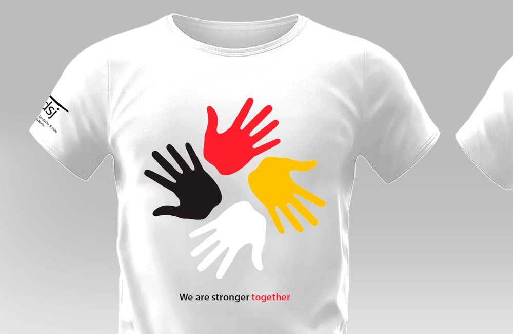 A white t-shirt with four hands on it and the words we are stronger together