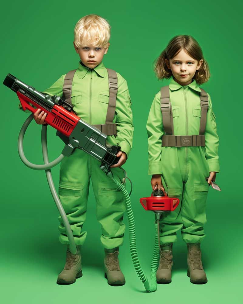 Two children dressed as futuristic ghost hunters, holding large mechanical blasters