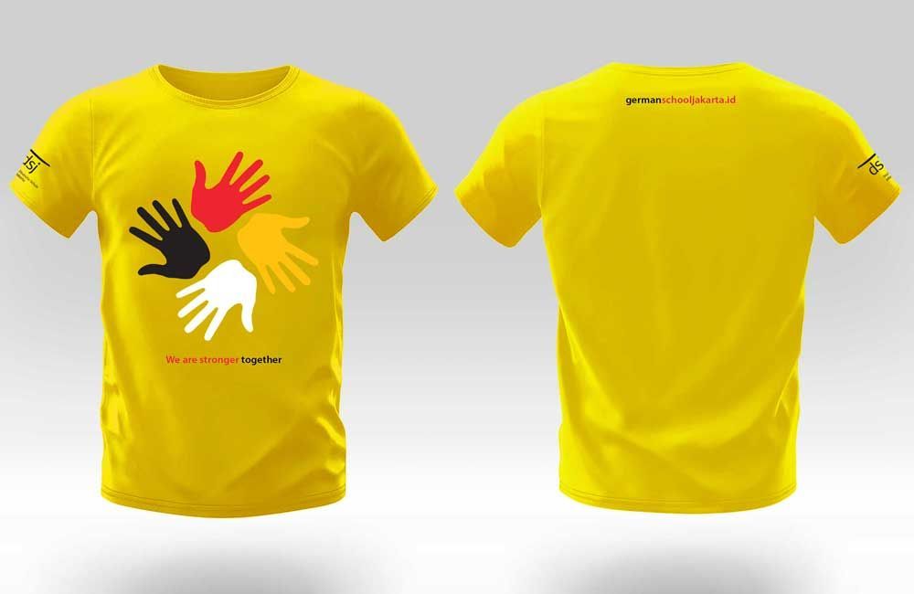 The front and back of a yellow t-shirt with hands on it
