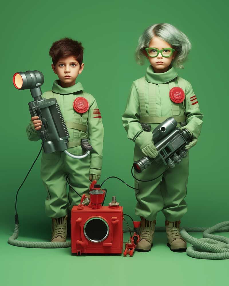 Two children dressed in green jumpsuit, holding large mechanical blasters with glowing red accents, against a green backdrop.