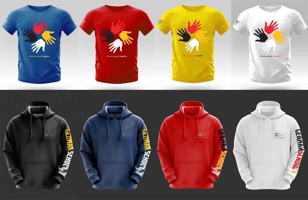 A collection of shirts and hoodies with hands on them