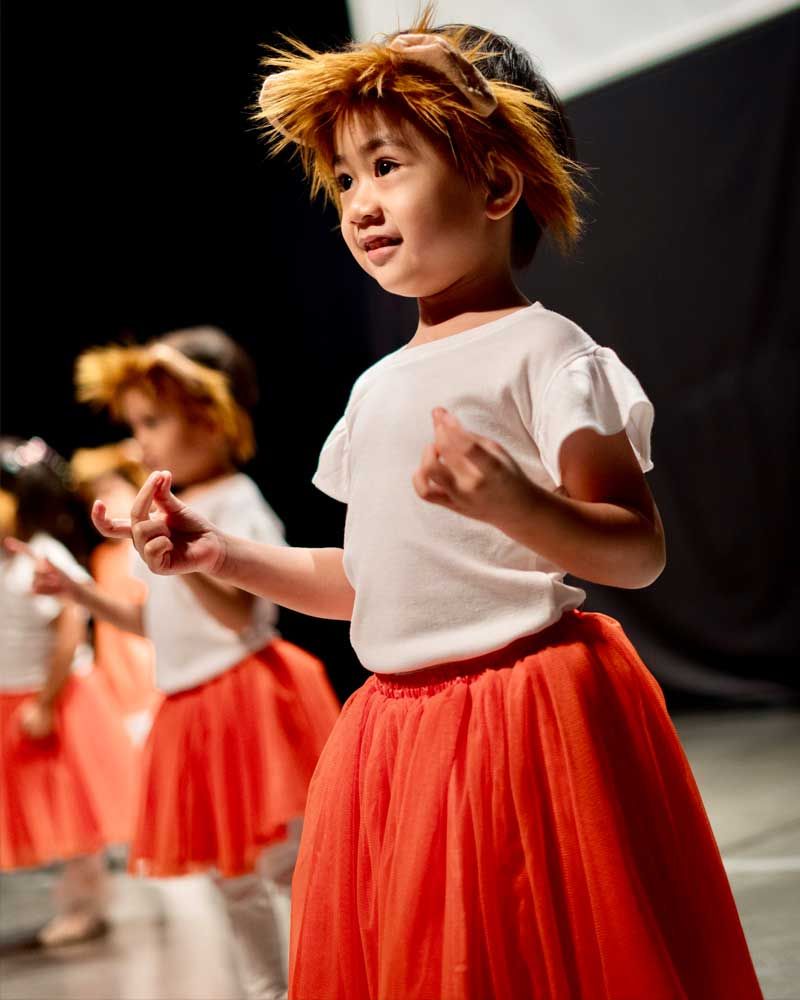 A group of young girls are dancing on a stage.