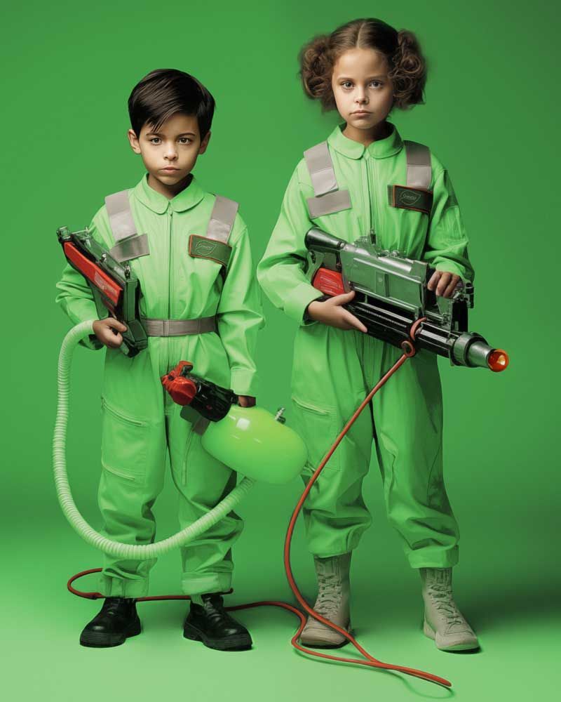 A boy and a girl in green jumpsuits with sci-fi weapons
