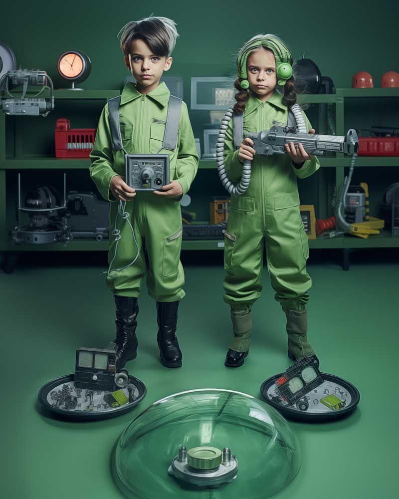 Two young children in green jumpsuits with sci-fi weapons and a green oxygen tank