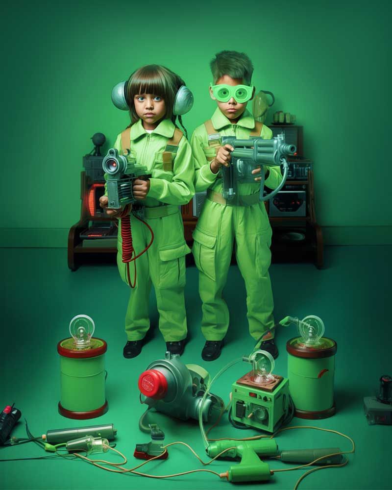 Two children dressed as 'Green Busters' in matching green jumpsuits and goggles, holding sci-fi-inspired blasters.